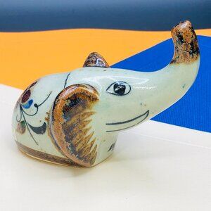 Vintage Tonala Baby Trunk Up Elephant Figurine: Mexican Folk Art Pottery  - Boho